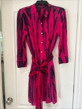 t-bags Hot Pink and purple Long-Sleeve Tie-Waist Shirt Dress, L